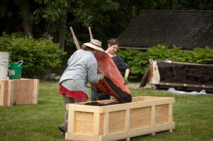 filling crates with soil